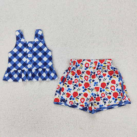 GSSO2025 Baby Girls Checkered Straps Tunic Fruits Shorts Sets   D 3.29