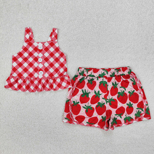 GSSO2037 Baby Girls Red Checkered Straps Top Strawberry Shorts Clothes Sets    D 3.15