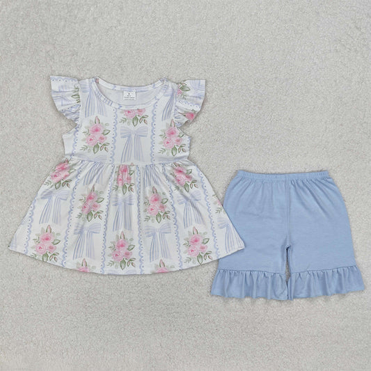 GSSO2052  Baby Girls Pink Flowers Bows Tunic Shorts Clothes Sets D 3.14