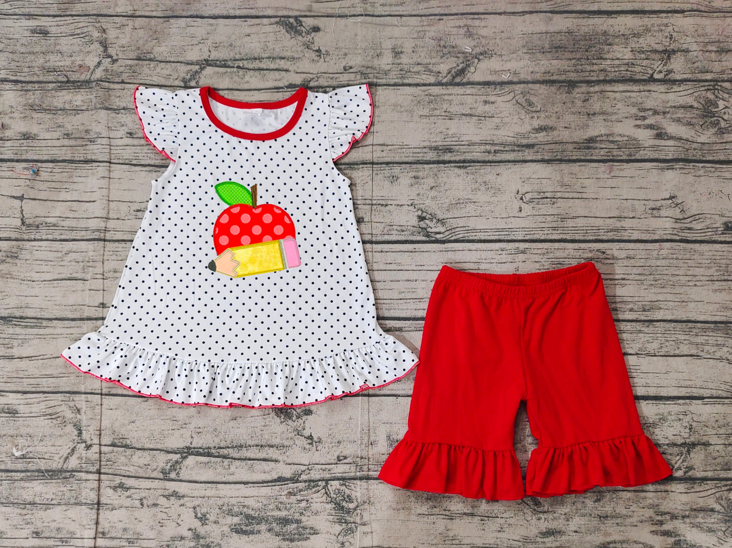 GSSO2071  Baby Girls Back To School Apple Pencel Tunic Top Shorts Clothes Sets  D 3.15