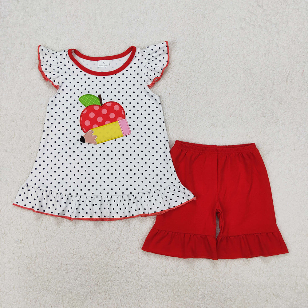 GSSO2071  Baby Girls Back To School Apple Pencel Tunic Top Shorts Clothes Sets  D 3.15