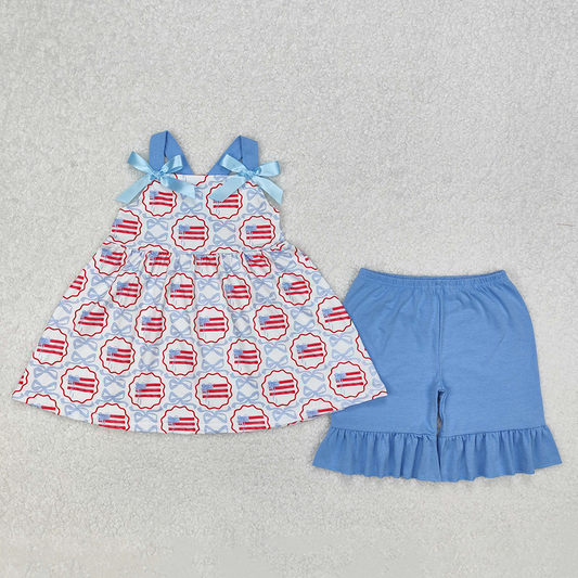 GSSO2074  Baby Girls Blue Bows Flag Top Ruffle Shorts Clothes Sets D 3.13