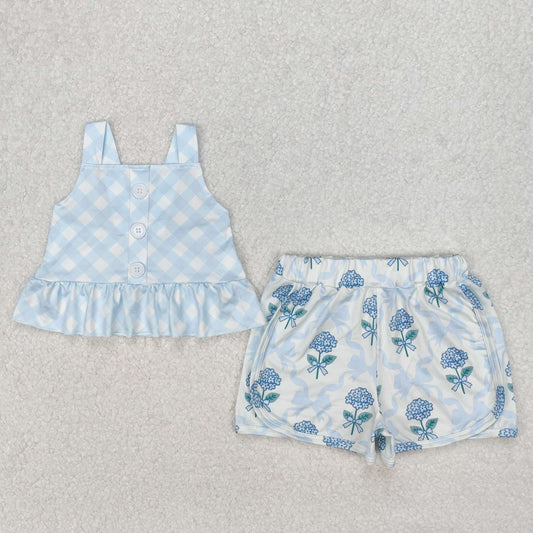 GSSO2078  Baby Girls Blue Checkered Straps Top Flowers Shorts Clothes Sets  D 3.10