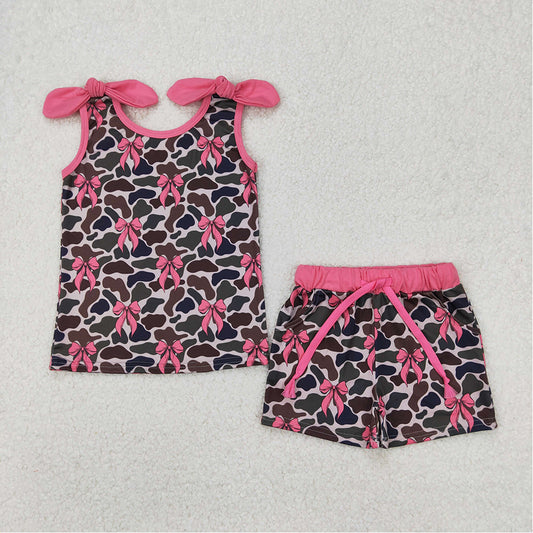 GSSO2083 Baby Girls Camo Pink Bows Top Shorts Clothes Sets  D 3.21