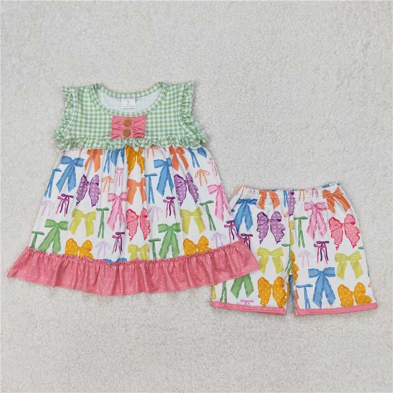 Match Baby Girls Sister Summer Colorful Bow Print Shorts Set D 4.19