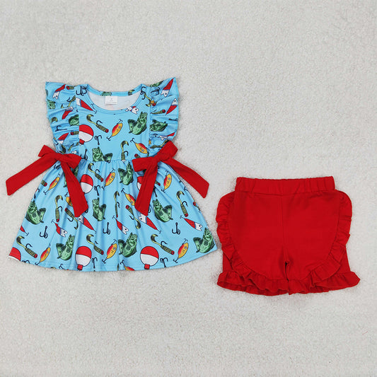 GSSO2097  Baby Girls Fishing Float Bows Tunic Top Ruffle Shorts Clothes Sets  D 3.22