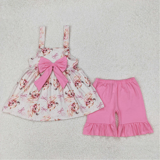 GSSO2100  Baby Girls Pink Western Horse Bows Tunic Top Ruffle Shorts Clothes Sets D 3.21