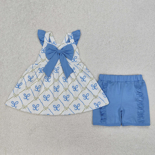 GSSO2109  Baby Girls Blue Bows Tunic Ruffle Shorts Clothes Sets  D 3.13