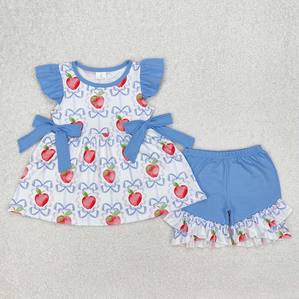 GSSO2114 Baby Girls Apple Bows Tunic Ruffle Shorts Clothes Sets  D 3.10