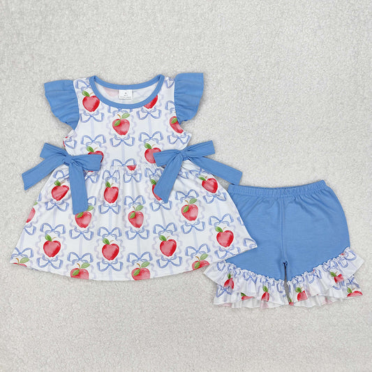 GSSO2114 Baby Girls Apple Bows Tunic Ruffle Shorts Clothes Sets  D 3.10