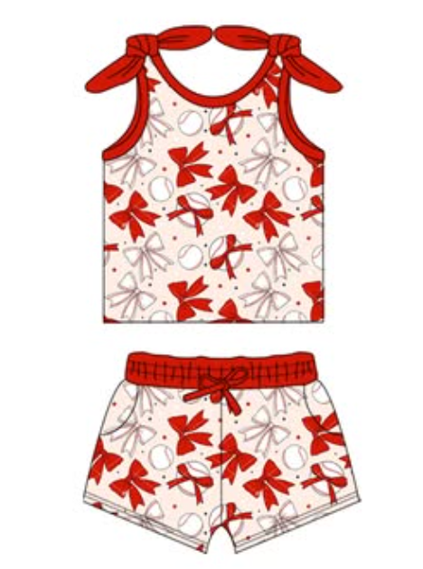 presale GSSO2170  Beige Sleeveless Shorts Set with Red Baseball Bow Pattern D 2.13