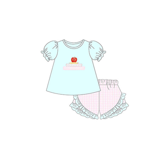 presale GSSO2177  Back to School Apple Pencil Light Green Lantern Sleeve Short Sleeve Pink Plaid Shorts Set  D 2.13