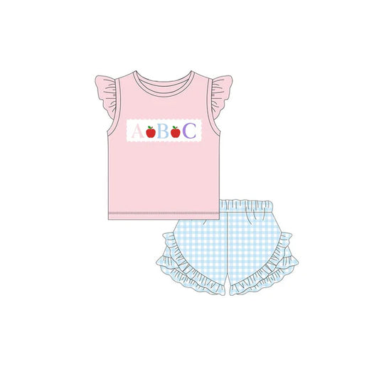 presale GSSO2178 Back to School ABC Apple Lace Pink Fly Sleeve Blue Shorts Set  D 2.13