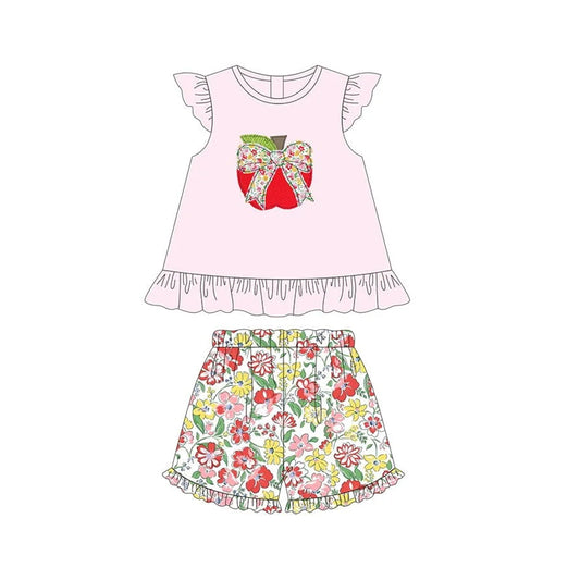 presale GSSO2179 Back to School Bow Apple Flower Lace Pink Fly Sleeve Shorts Set  D 2.13