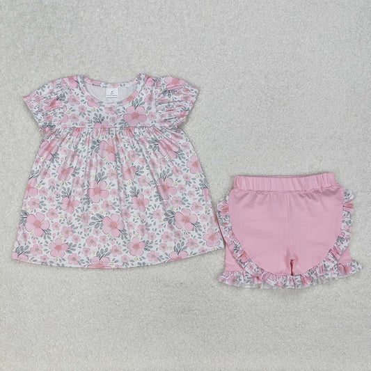GSSO2194 Baby Girls Pink Flowers Leaves Tunic Top Ruffle Shorts Clothes Sets   D 3.13