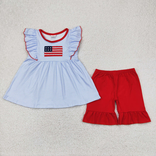 GSSO2238  Baby Girls Blue Checkered Flag Tunic Top Ruffle Shorts Clothes Sets  D 4.11
