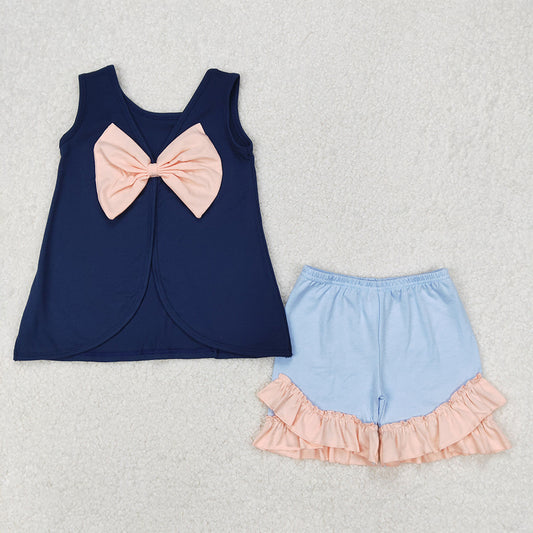 GSSO2272 Baby Girls Navy Big Bow Back Tunic Tops Ruffle Shorts Clothes Sets D 3.24
