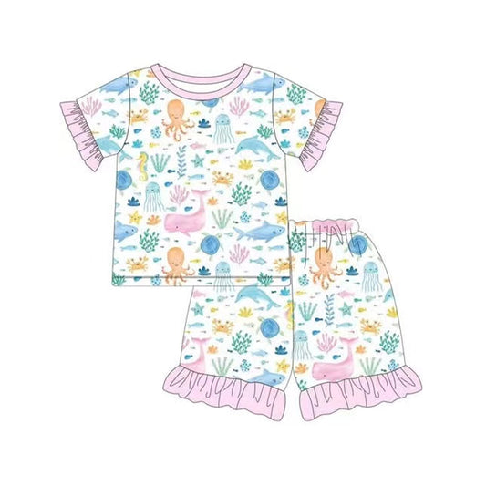 presale  GSSO2298  Baby Girls Pink Sea Animals Shirt Ruffle Shorts Pajamas Clothes Sets D 3.5