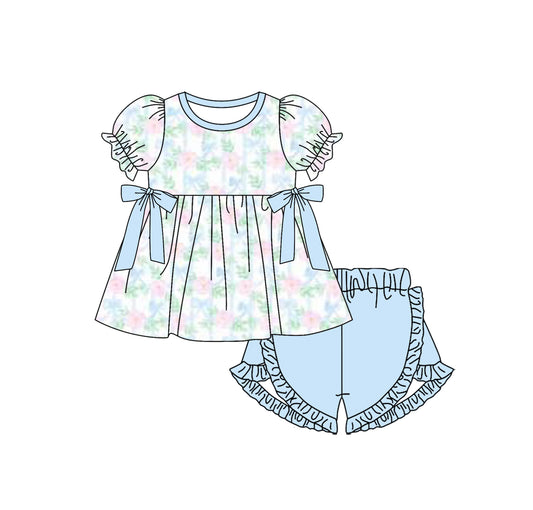 presale  GSSO2299 Flower Leaf Stripe Blue Bow Short Sleeve Shorts Set D 3.5