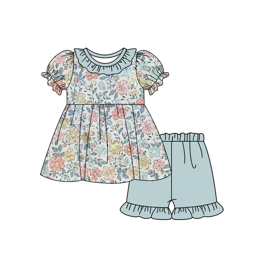 presale GSSO2300  Baby Girls Green Flowers Tunic Ruffle Shorts Clothes Sets D 3.5