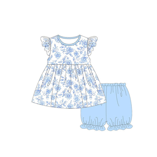 presale GSSO2304  Baby Girls Blue Flowers Tunic Elastic Shorts Clothes Sets  D 3.5