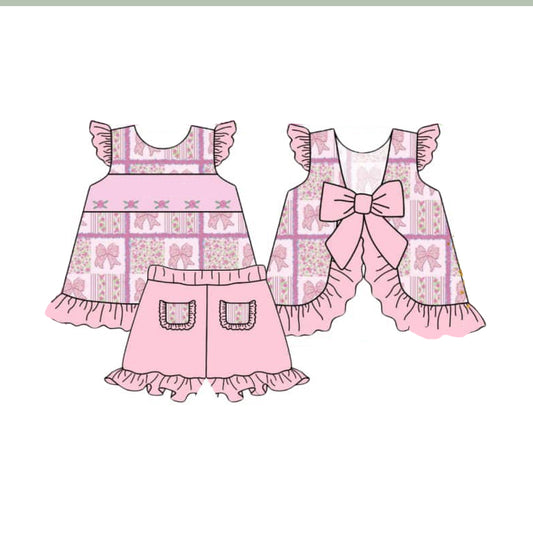 presale GSSO2305  Baby Girls Pink Bows Flowers Tunic Ruffle Shorts Clothes Sets D 3.5