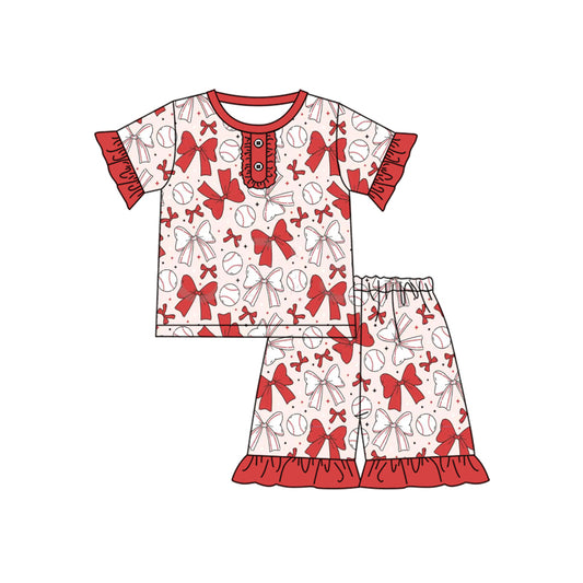 presale GSSO2309  Baby Girls Red Bows Baseball Shirt Ruffle Shorts Pajamas Clothes Sets D 3.5