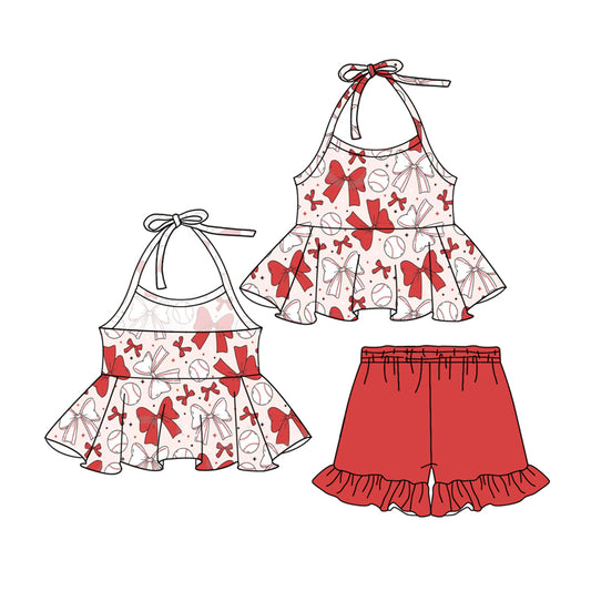 presale GSSO2310 Baby Girls Red Bows Baseball Tunic Ruffle Shorts Clothes Sets D 3.5