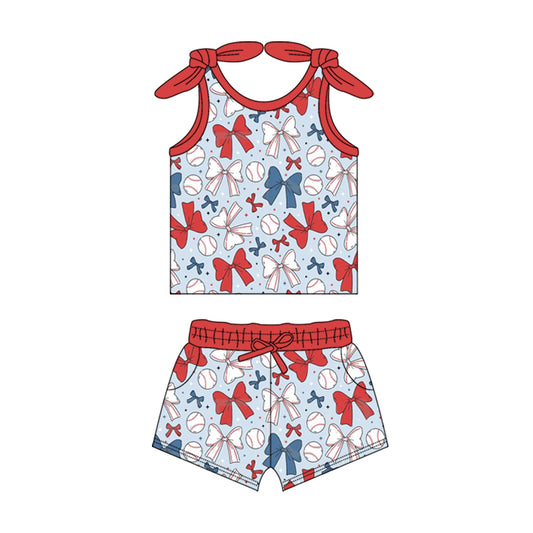 presale GSSO2311  Baby Girls Baseball Bows Shirt Pockets Shorts Clothes Sets  D 3.5