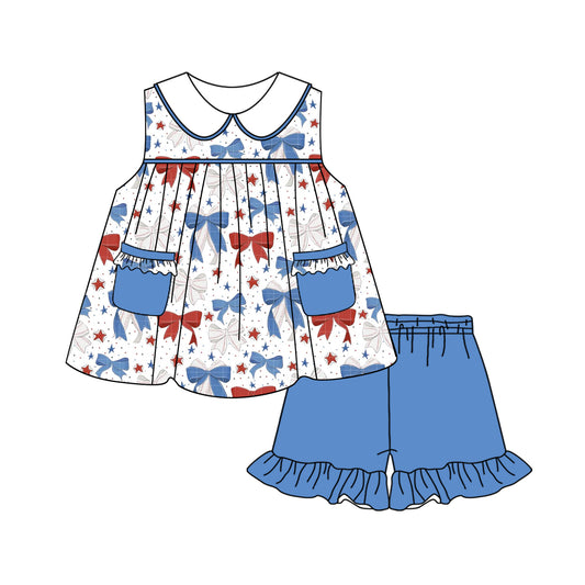 presale GSSO2312  Baby Girls 4th Of July Blue Red Bows Sleeveless Tunic Shorts Clothes Sets D 3.5