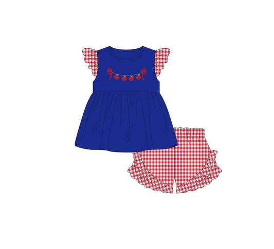 presale GSSO2314   Apple Red Plaid Lace Blue Fly Sleeve Shorts Set D 3.5