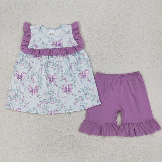 GSSO2315 Baby Girls Purple Flowers Flutter Sleeve Tunic Ruffle Shorts Clothes Sets  D 3.31
