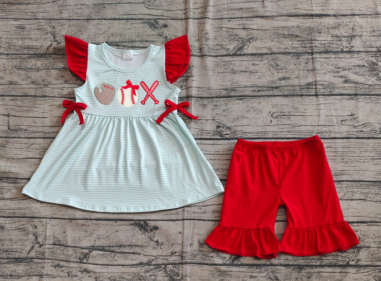 GSSO2317  Baby Girls Embroidery Baseball Flutter Sleeve Tunic Ruffle Shorts Clothes Sets  D 4.7