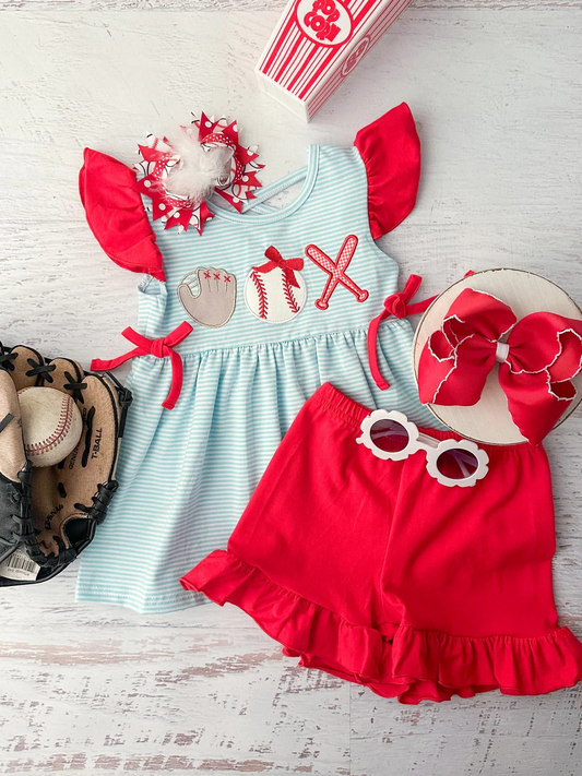 GSSO2317  Baby Girls Embroidery Baseball Flutter Sleeve Tunic Ruffle Shorts Clothes Sets  D 4.7