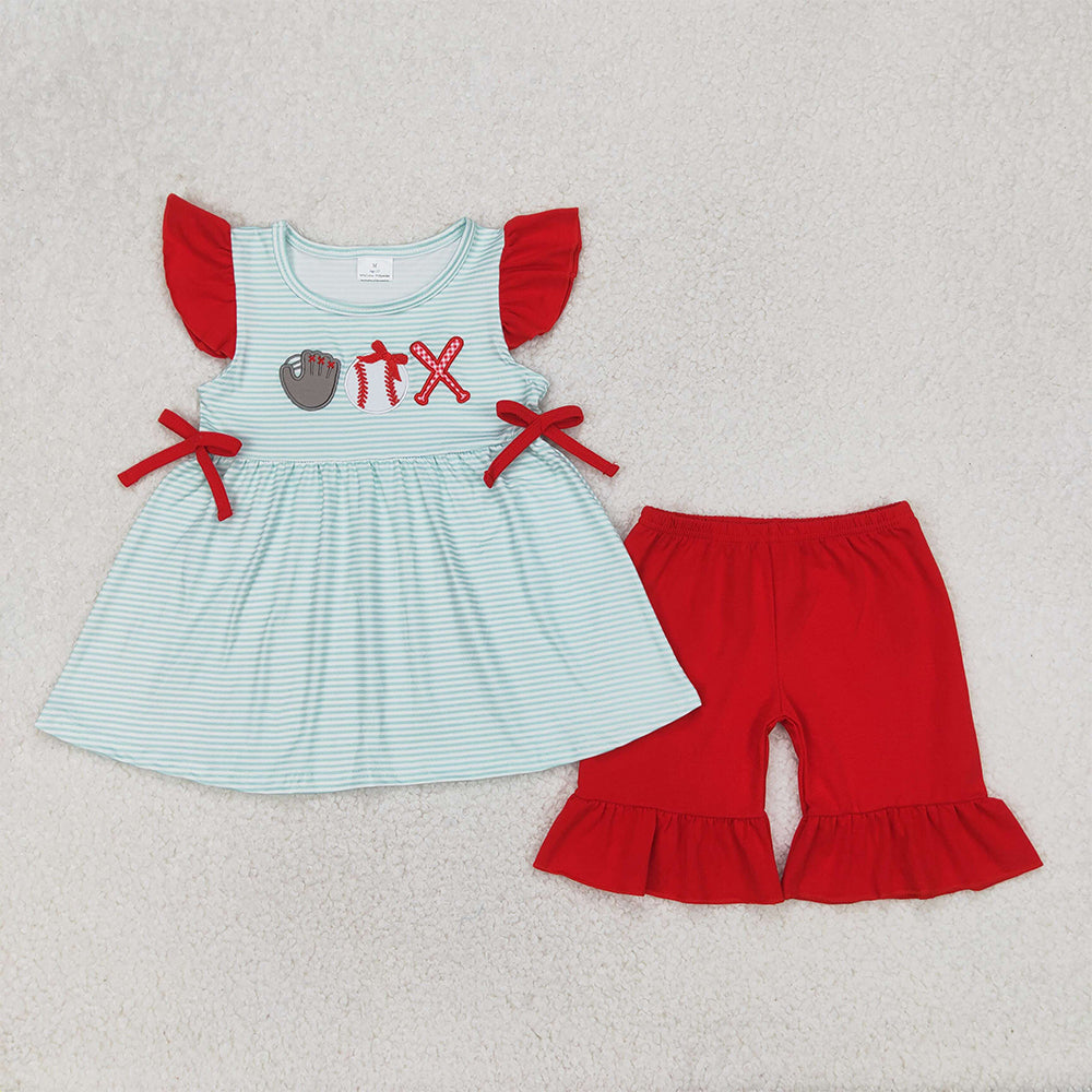 GSSO2317  Baby Girls Embroidery Baseball Flutter Sleeve Tunic Ruffle Shorts Clothes Sets  D 4.7