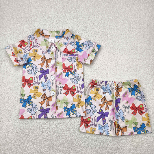 GSSO2321  Baby Girls Pink Cartoon Princess Bows Button Pocket Top Short Pajamas Set  D 4.19