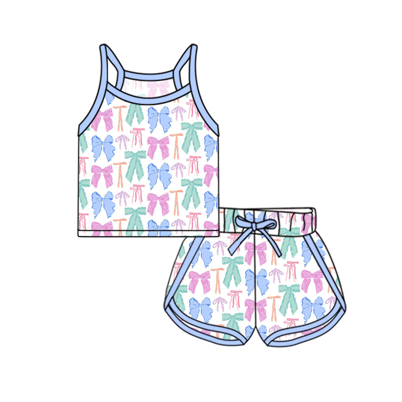 presale GSSO2338  Baby Girls Blue Strap Colorful Bows Plaid Top Short Sport Set D 3.3