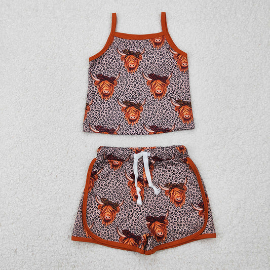 GSSO2341  Baby Girls Brown Strap Leopard Highland Cows Top Short Sport Set D 4.8