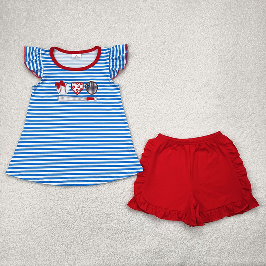GSSO2348   Embroidery Baby Girls Blue Stripe Flutter Sleeves Baseballs Tunic Red Ruffle Short Set D 4.10