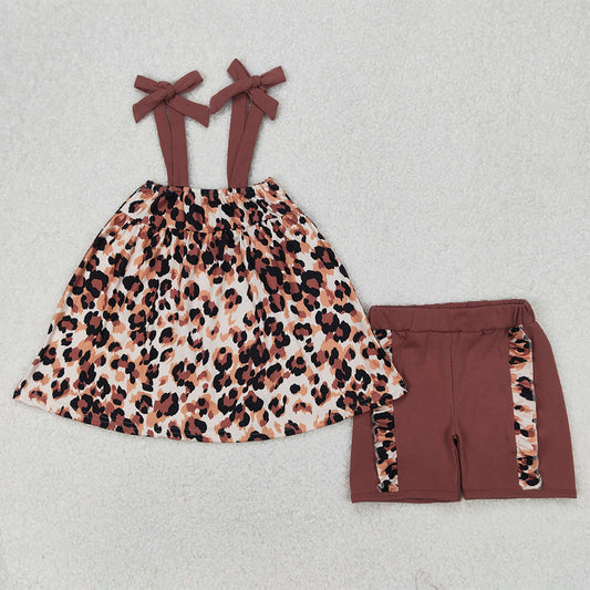 GSSO2352  Baby Girls Brown Bows Strap Leopard Tunic Ruffle Short Set D 3.31
