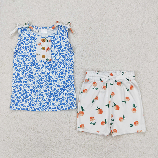 GSSO2355 Baby Girls Blue Sleeveless Floral Button Top Peach Shorts Set  D 3.26