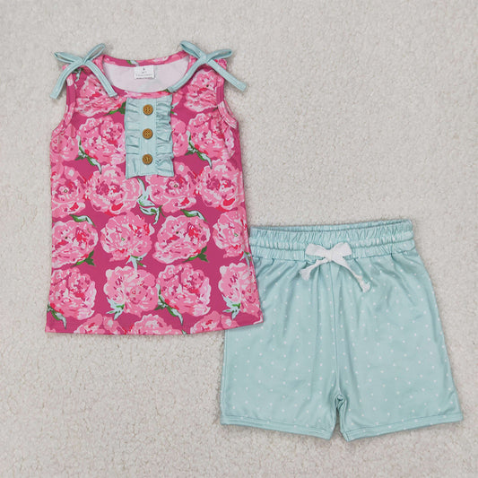 GSSO2356 Baby Girls Pink Sleeveless Floral Button Top Aqua Shorts Set   D 3.27