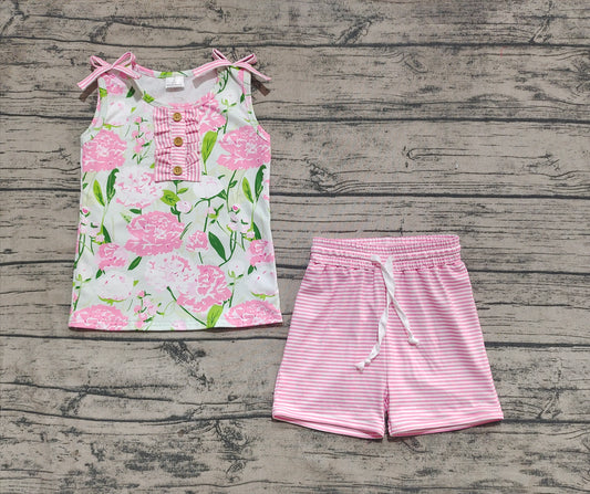 preorder GSSO2357  Baby Girls Pink Sleeveless Floral Button Top Stripe Shorts Set D 3.11