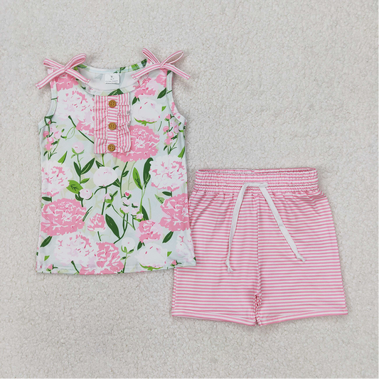 GSSO2357 Baby Girls Pink Sleeveless Floral Button Top Stripe Shorts Set   D 3.21