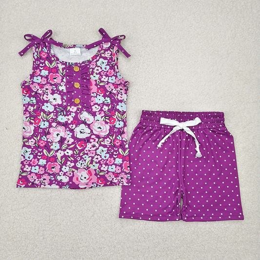 GSSO2358  Baby Girls Purple Sleeveless Floral Button Top Polka Dots Shorts Set  D 4.8
