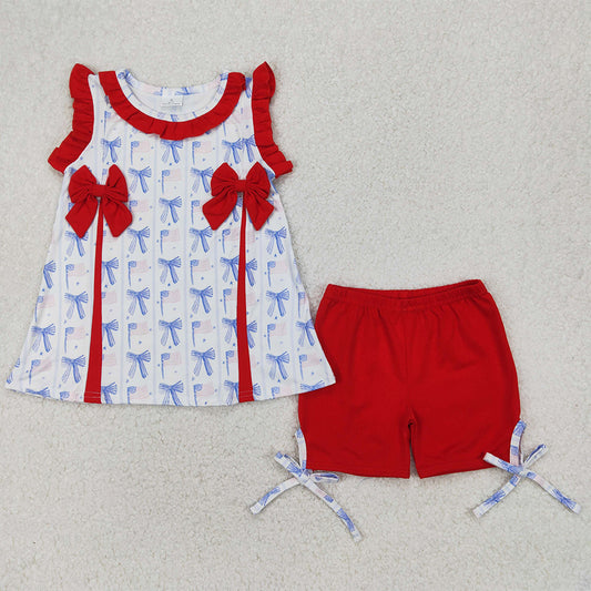 GSSO2373 Baby Girls Sleeveless Red Blue Bows Flags Tunic Ruffle Shorts 4th Of July Set  D 3.31