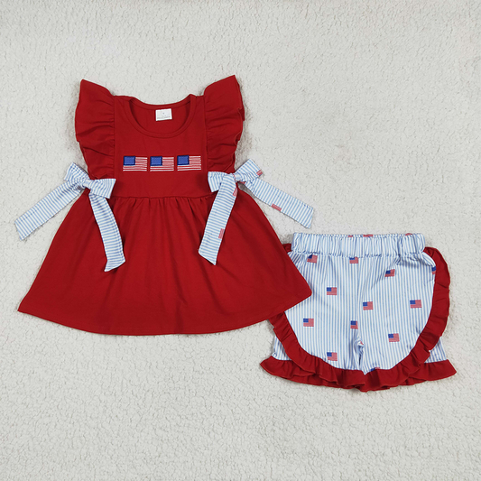 GSSO2375  Embroidery Baby Girls Red Flags Bows Tunic Stripe Ruffle Short 4th Of July Sets D 4.17