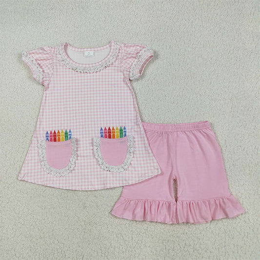 GSSO2388  Baby Girls Pink Plaid Pencils Pockets Tunic Ruffle Short Set D 5.22