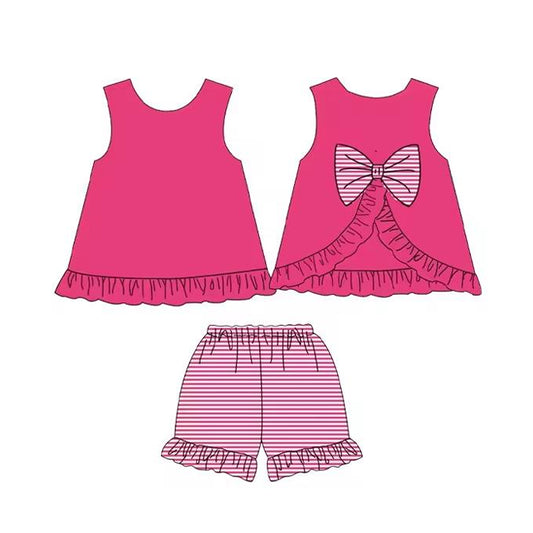 preorder  GSSO2395 Baby Girls Hot Pink Sleeveless Bows Tunic Stripe Ruffle Short Set  D 3.11