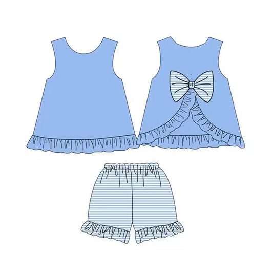 preorder  GSSO2396  Baby Girls Blue Sleeveless Bows Tunic Stripe Ruffle Short Set  D 3.11